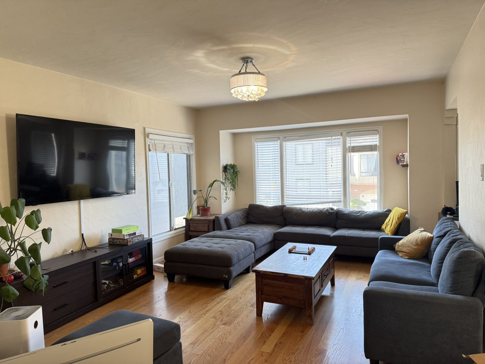 A sunlit living room with a long grey sectional, board games and houseplants in the bay window.